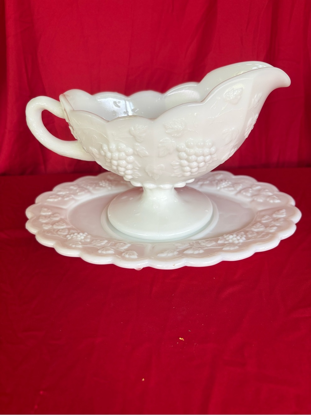 Milk Glass Grapevine Sauce Boat with Underplate - White